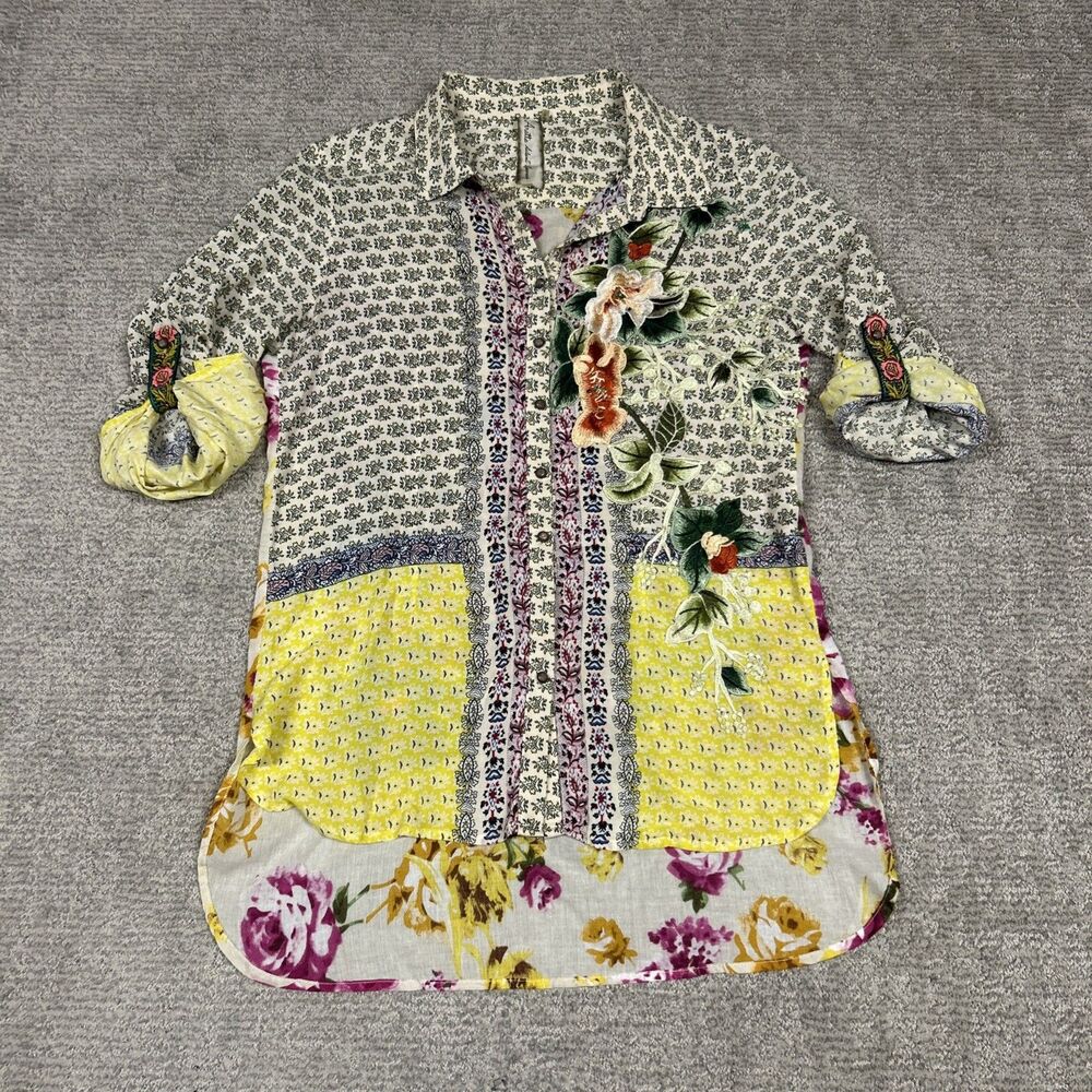 Aratta Silent Journey Shirt Womens Medium Embroidered Floral Boho Blouse Tunic